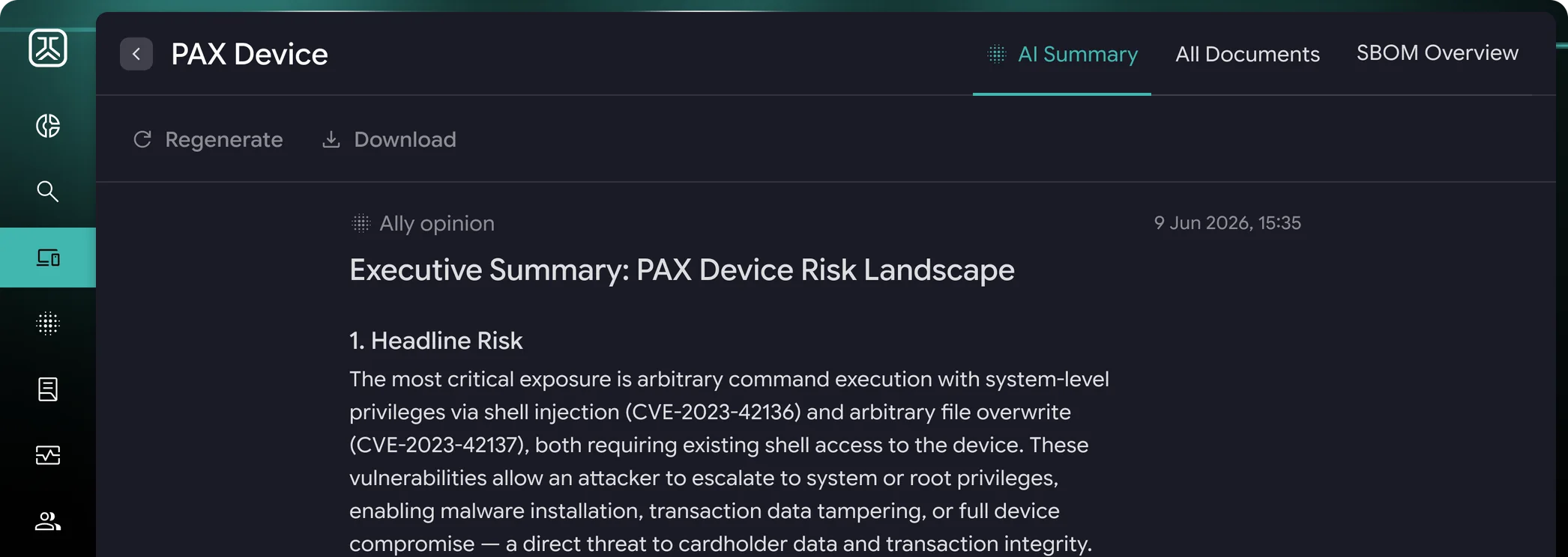 AI-generated executive risk summary for a device in PCA CERVUS