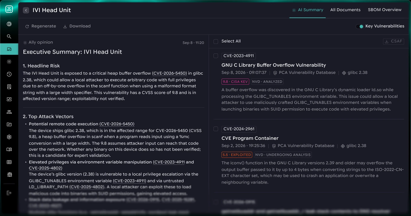 PCA CERVUS AI Summary screen with an executive risk summary for an ECU