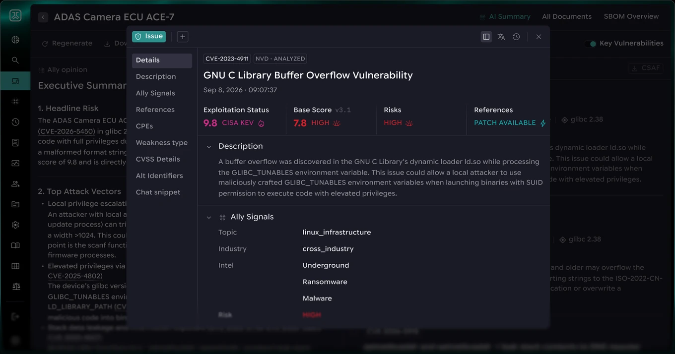 PCA CERVUS CVE detail with exploitation status, CVSS score and risks over an AI summary
